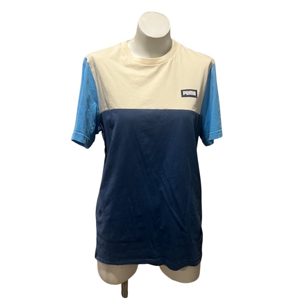 PUMA Power Colorblock Tee Men's T-Shirt Size M Cream Navy Blue Crewneck